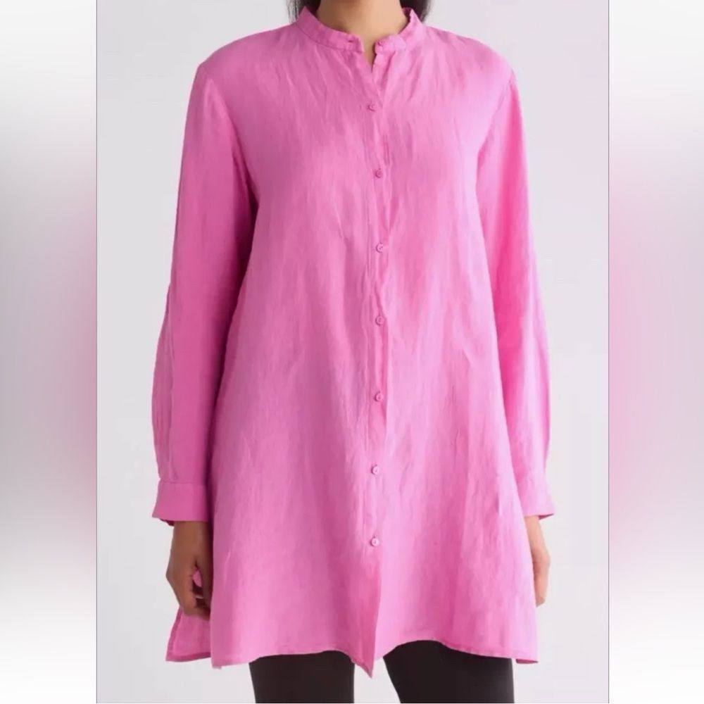 Eileen Fisher Tunic Womens Pink Organic Linen Button Down Longline Top‎ Small